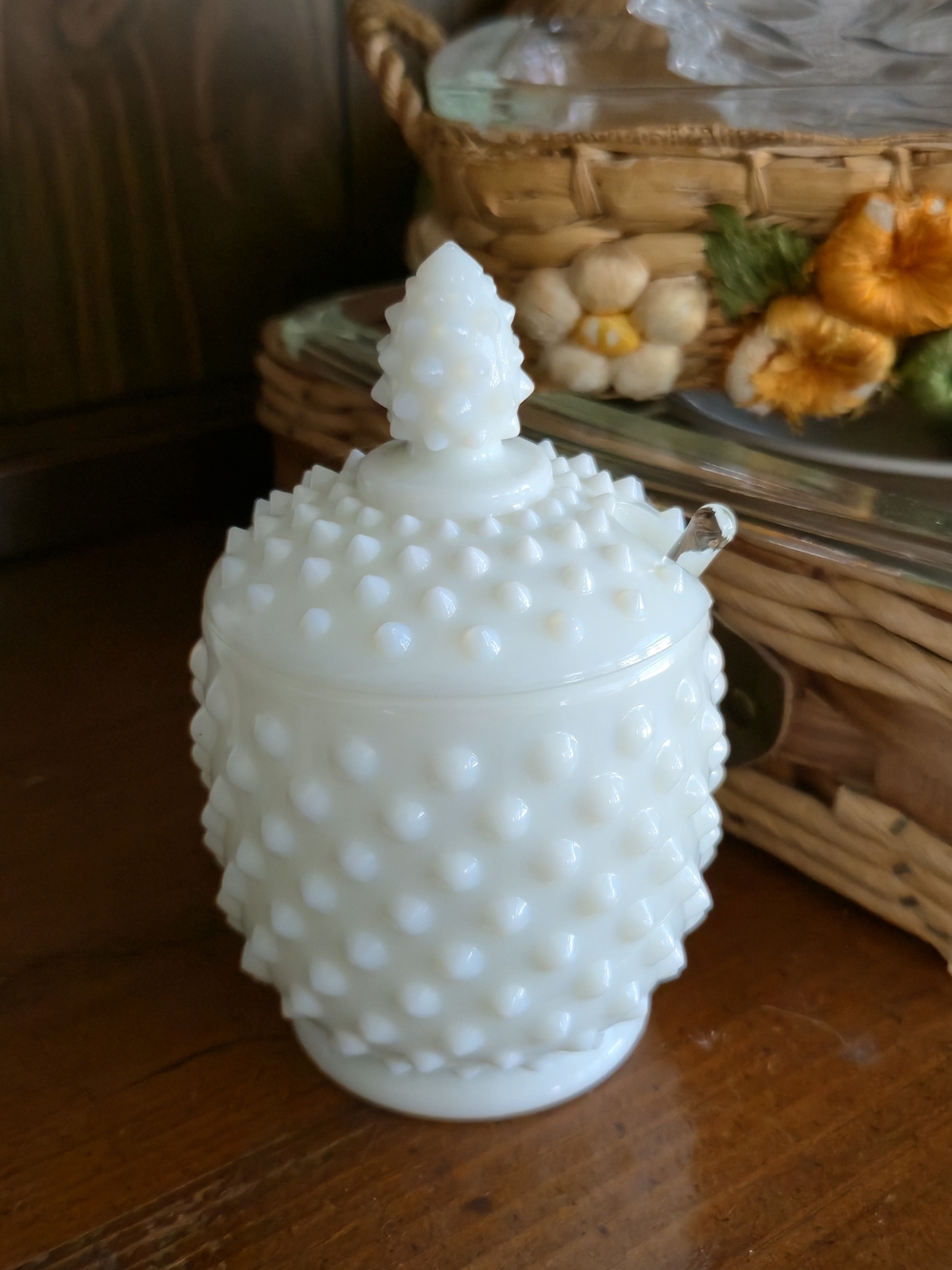 Vintage Fenton White Milk Glass Hobnail Jam / Jelly Jar with Lid & Spoon